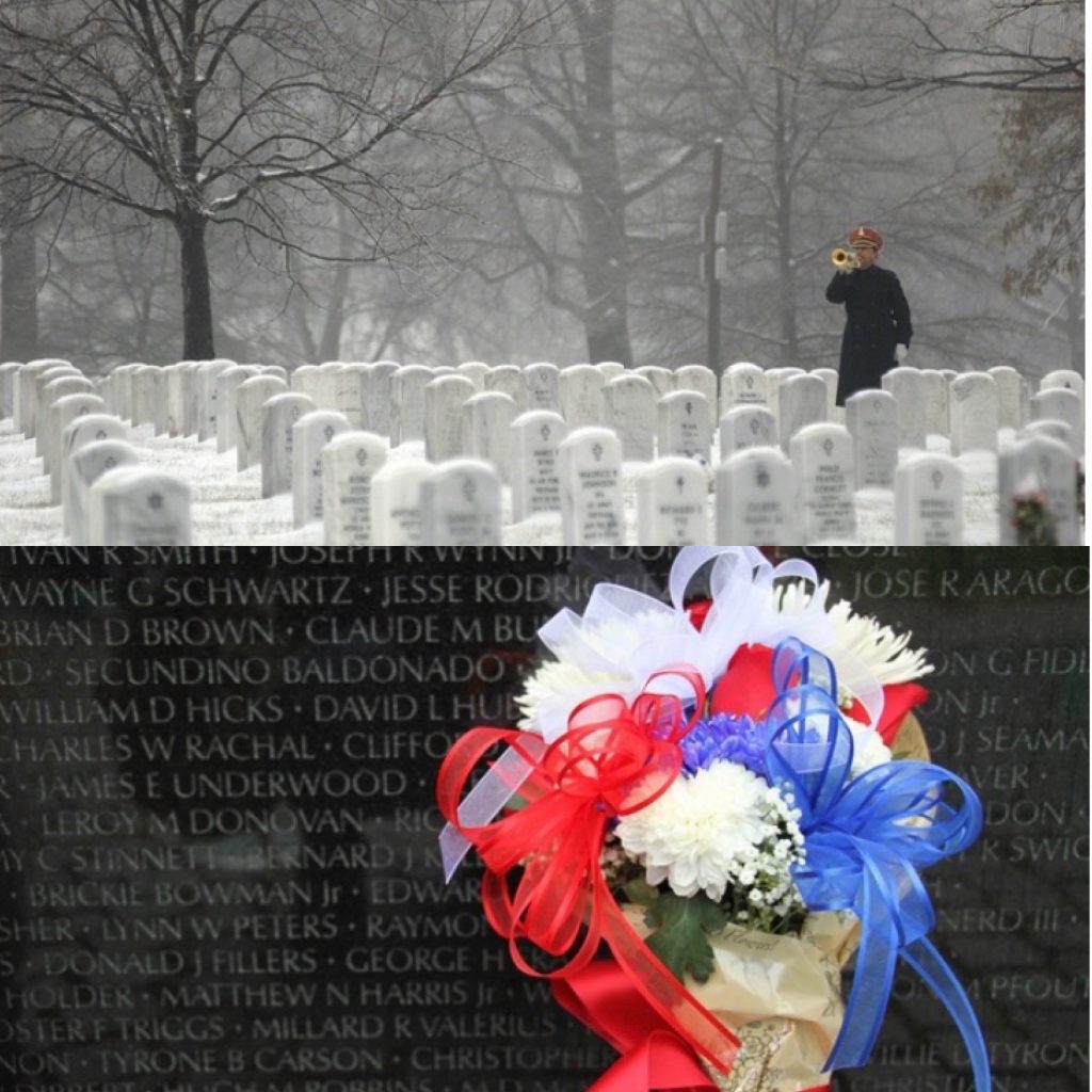 Prayers for Memorial Day. Collage showing Arlington National Cemetery in winter with bugler playing report and Vietnam War Memorial. 